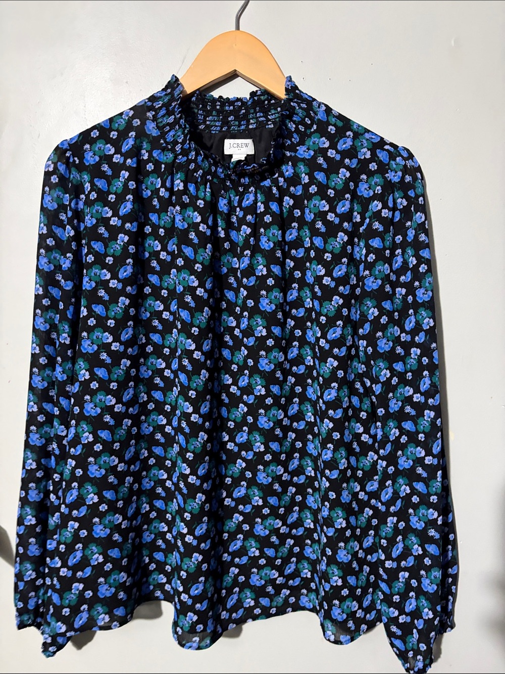 J. Crew Black Floral Long-Sleeve Ruffled-Neck Blouse